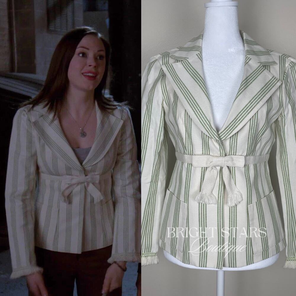 Rare Stripe Blazer Jacket ASO Paige Matthews Charmed Cream Green Bow 6 Vintage